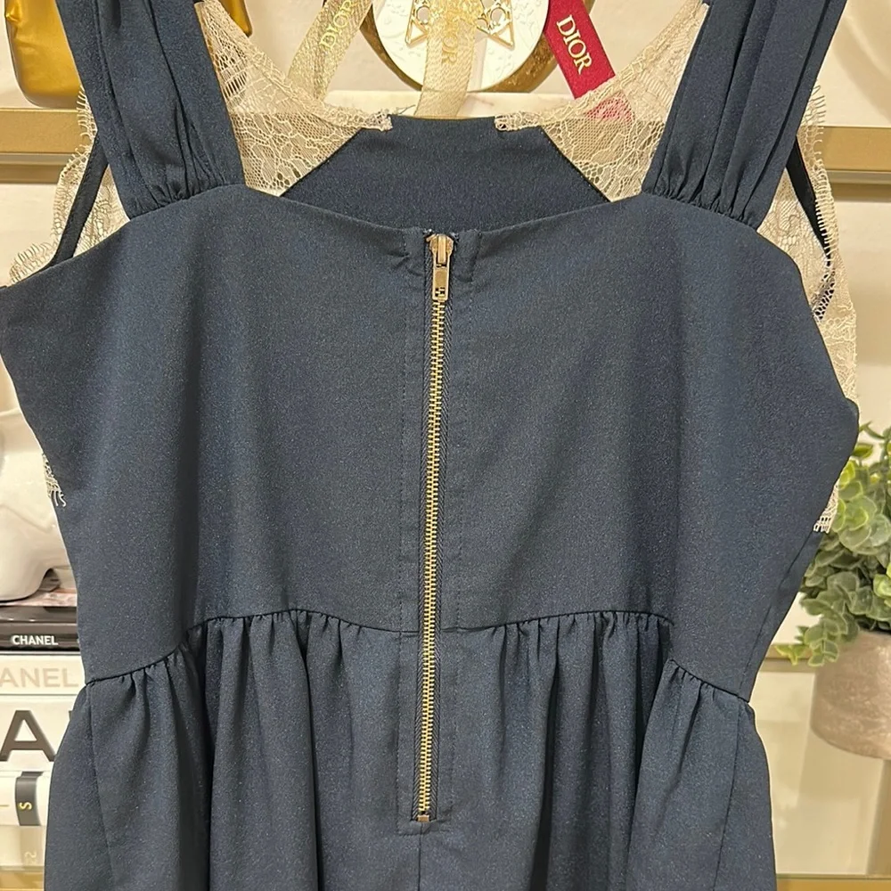 Navy Blue Midi Dress with Lace Accents
